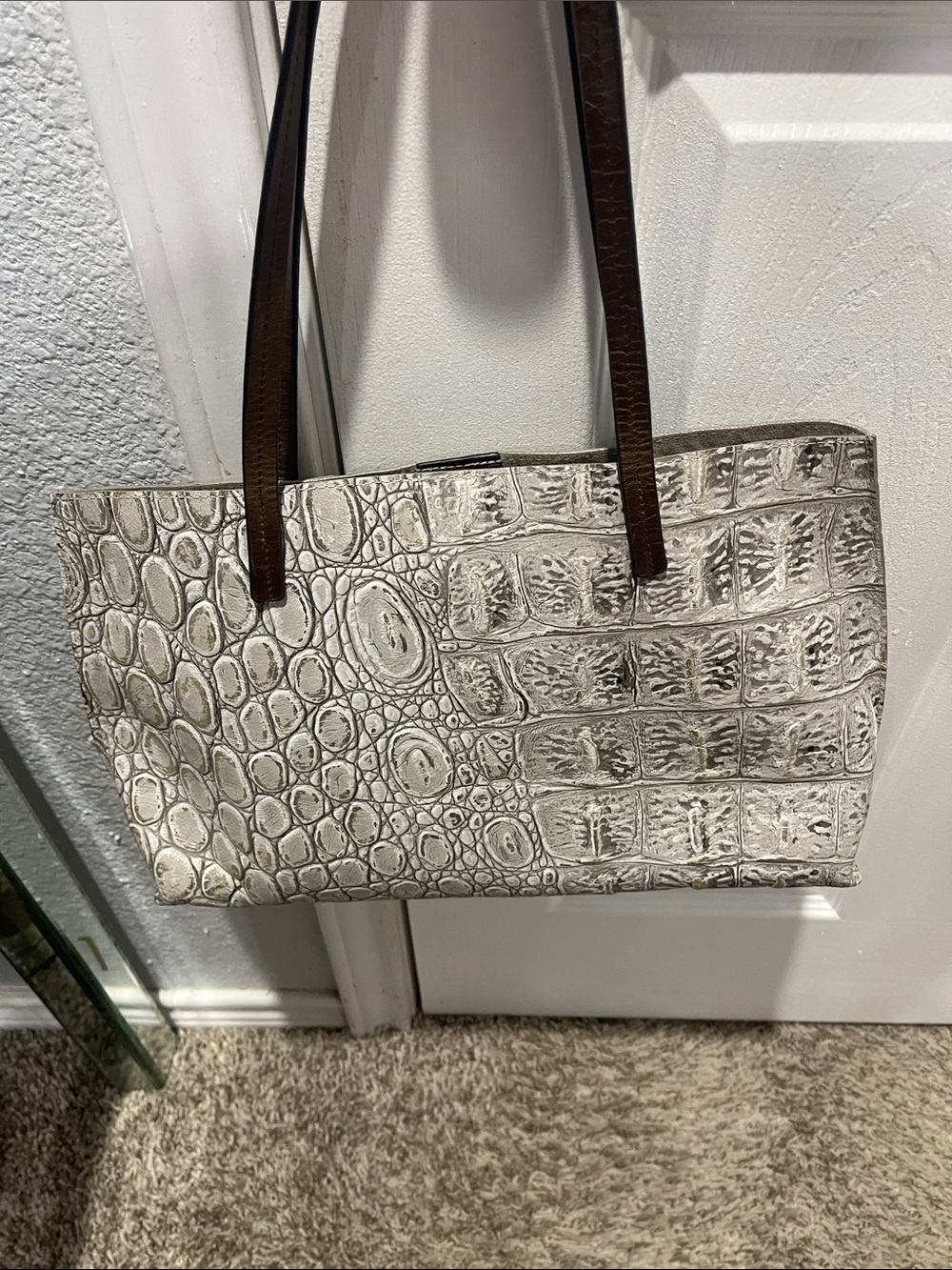 B. May Croc-Embossed Cream Tote with Brown Straps